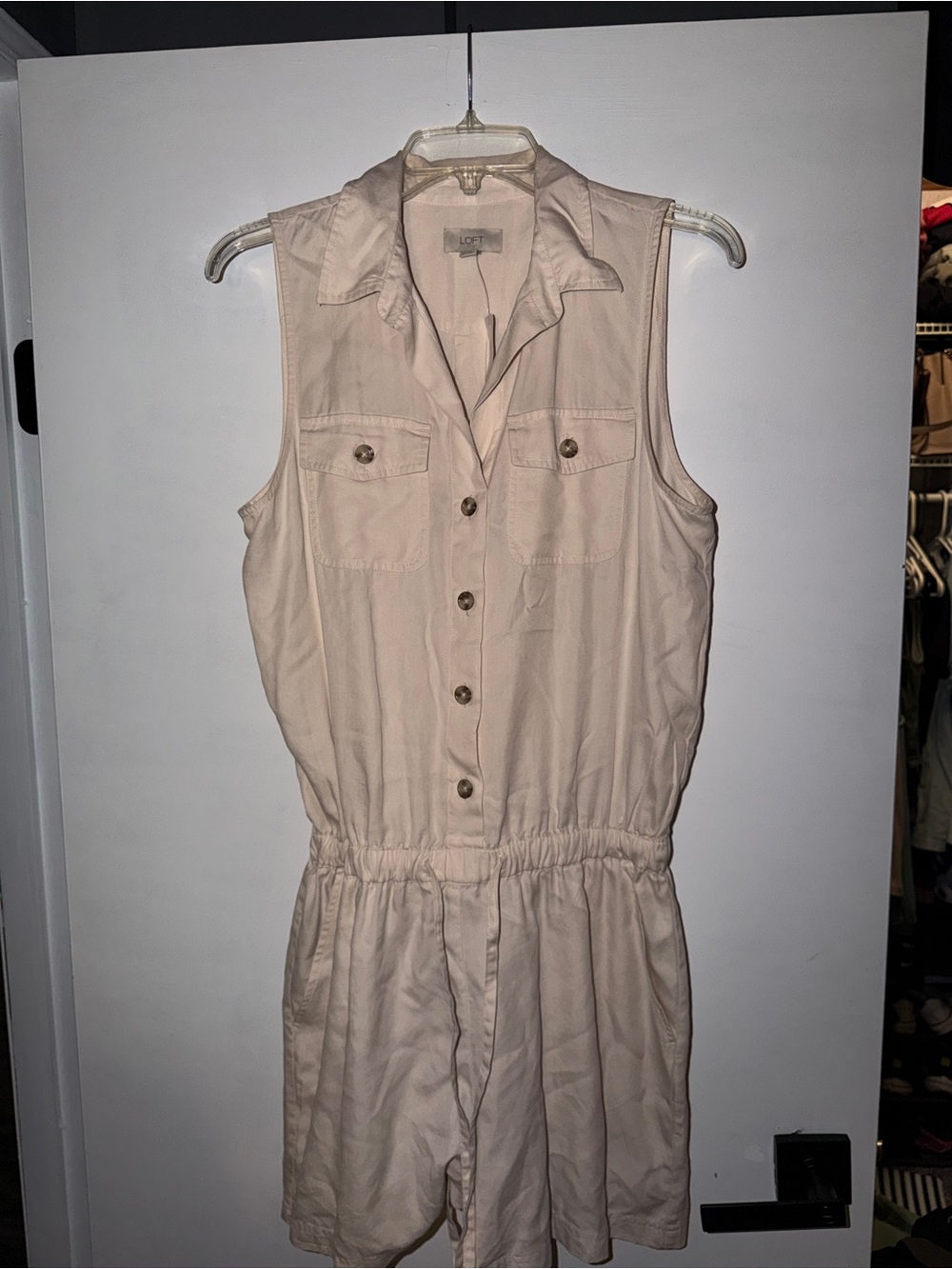 LOFT Sleeveless Buttoned Utility Romper in Light Beige